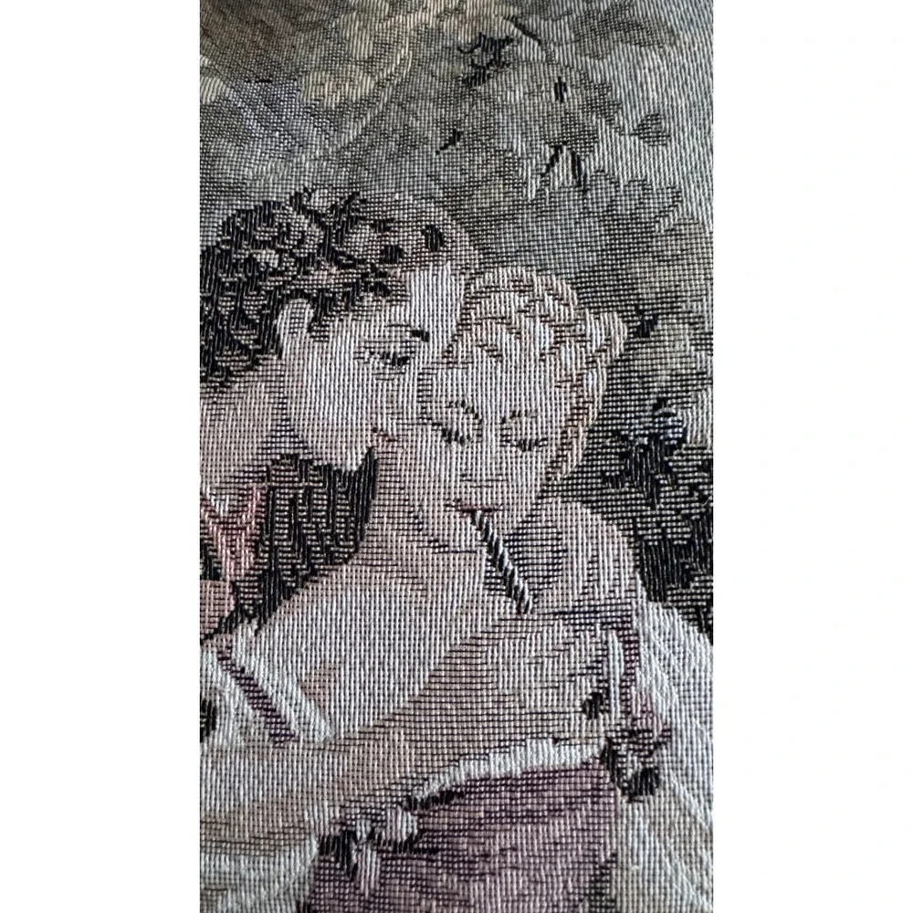 Vintage Tapestry Throw Pillows Pair Romantic Couple & Cottage Watermill 17 inch‎